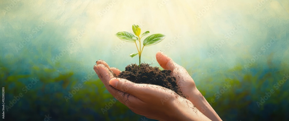 Fototapeta premium Hands gently holding soil with a small green seedling sprouting under warm sunlight symbolizing growth and nurturing