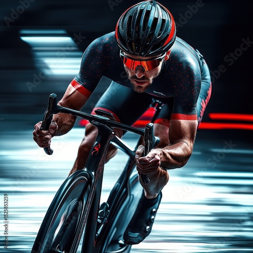 Athletic cyclist riding a racing bike in high speed with focused expression and aerodynamic posture in a dynamic blurred background