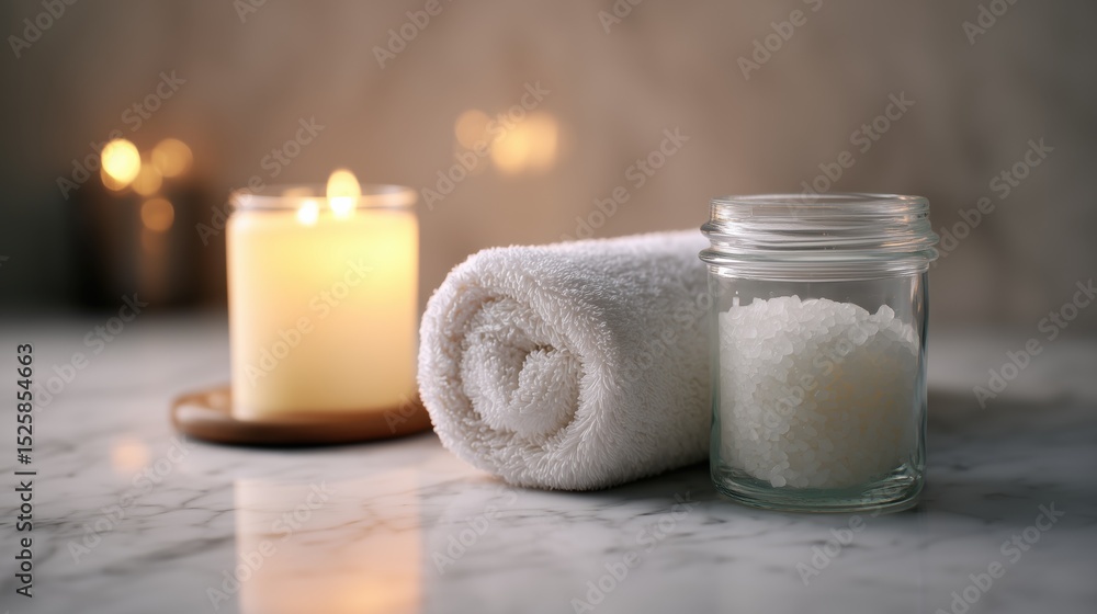 Place spa items like a rolled towel, a candle, and a glass jar of bath salt on the marble surface. Add soft steam or warm glow effect for a calming ambiance. Place spa items like a rolled towel, a candle, and a glass jar of bath salt on the marble surface. Add soft steam or warm glow effect for a calming ambiance.