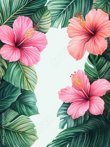 Wallpaper Mural Vibrant tropical pink hibiscus flowers surrounded by large lush green palm and monstera leaves framing a bright central space Torontodigital.ca