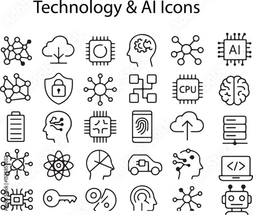"Technology & AI Icon Set – Innovation, Robotics, Neural Network & Cyber Security Symbols"