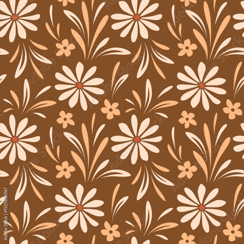 Retro 70s floral seamless vector pattern with daisy flowers on brown background