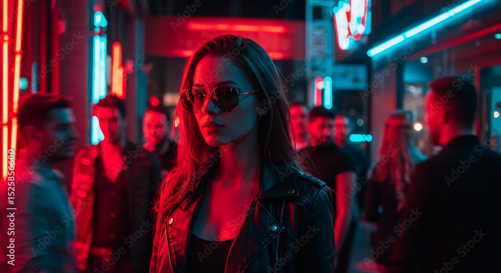 Stylish Woman in Sunglasses Poses in Neon-Lit Urban Night Scene Stylish Woman in Sunglasses Poses in Neon-Lit Urban Night Scene