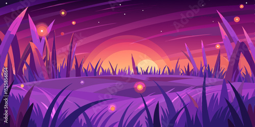 Magical sunset meadow grassland landscape illustration
