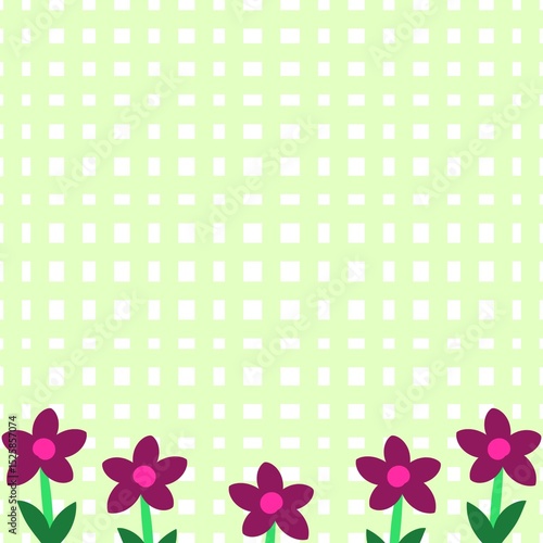 Charming green gingham pattern with five flowers at the bottom. A cute floral background with dark pink flowers, green stems, and leaves, peefect for a summery, fresh look.