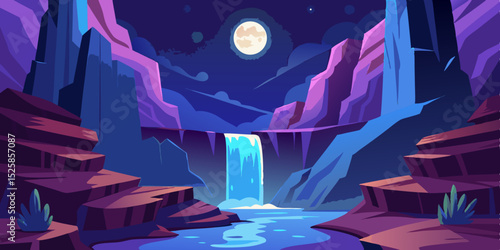 Night waterfall scene, moonlit canyon, clean cutout