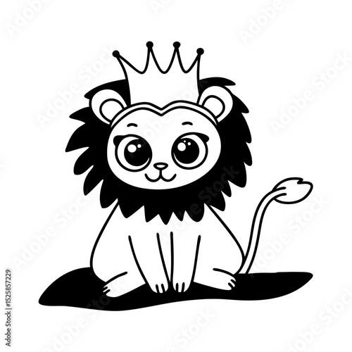 Adorable cartoon lion cub wearing crown, transparent background
