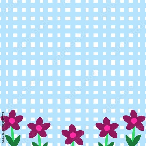 Charming blue gingham pattern with five flowers at the bottom. A cute floral background with dark pink flowers, green stems, and leaves, peefect for a summery, fresh look.