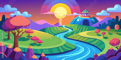 Vibrant fantasy landscape sunset river scene