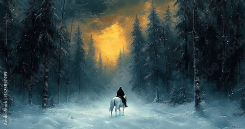 A lone rider on a white horse travels through a snowy forest under a misty sky with a glowing golden light breaking through tall dark trees
