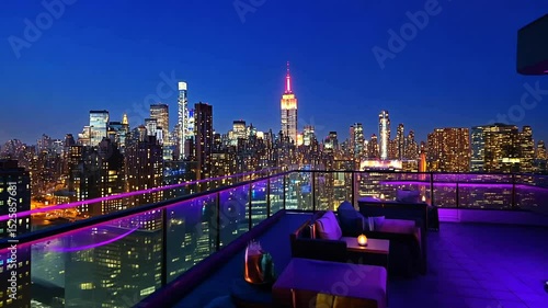 Rooftop bar overlooking New York City skyline at dusk