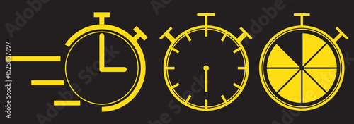 Timer icons. Countdown timer symbol. Timer. Stopwatch. Modern icon set in a flat design. Vector illustration isolated on Dark (Black) background. EPS 10.