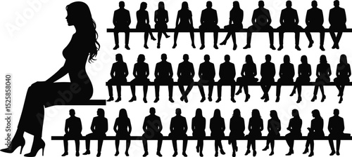 Silhouettes of people sitting on bench, men and women seated, social group vector, community illustration, human figures shadow concept
