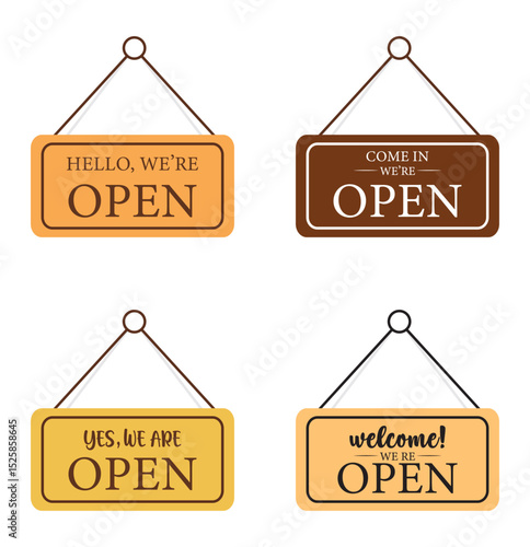 Set of bussiness hanging signboard, we're open and closed. Closed and open. Red sign Sorry we are closed for holidays, with shadow isolated on red background. Vector. 