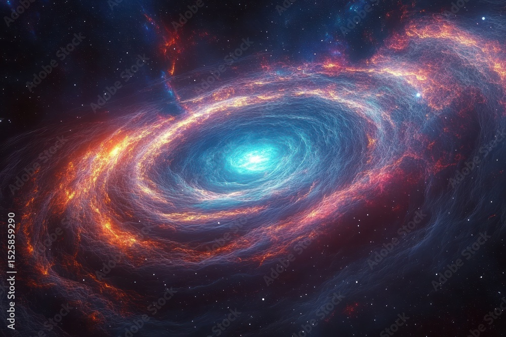 Obraz premium A vibrant spiral galaxy with glowing blue core surrounded by swirling red and orange cosmic clouds and numerous bright stars, evoking a sense of cosmic wonder and vastness