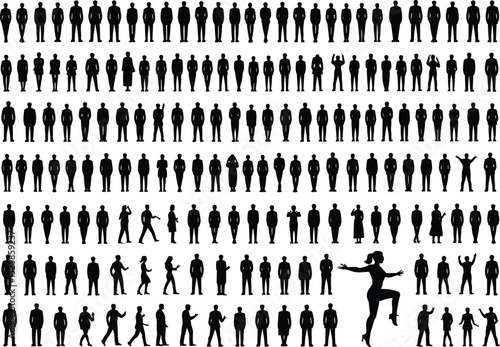 Large group silhouette, crowd people icon, business standing figures, unique woman dancing, contrast concept, social difference, individuality illustration art