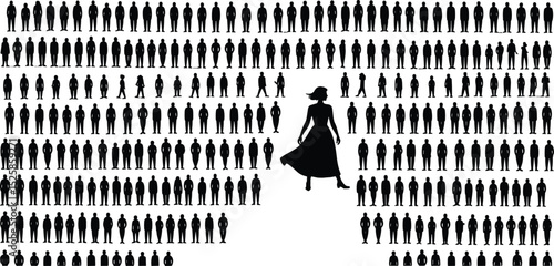 Silhouette crowd collection, standout woman figure, black human icons, walking people vector, female standout concept, individuality, people vector art