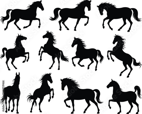 Horse silhouette, running stallion vector, galloping horse clipart, wild animal illustration, horse pose icon, black horse design art
