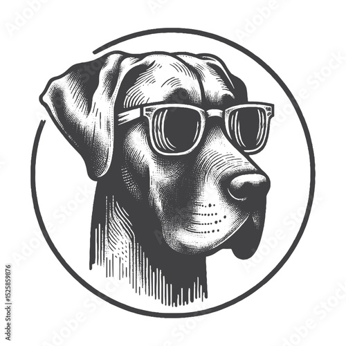 Vintage Hand-Drawn Great Dane Head with Sunglasses Illustration – Dog Breed Engraved Style Vector for T-Shirts, Posters, Stickers, and Pet Lover Apparel