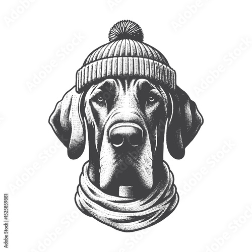 Vintage Hand-Drawn Great Dane Head Wearing a Beanie Illustration – Urban Dog Engraved Style Vector for T-Shirts, Posters, Stickers, and Streetwear Apparel