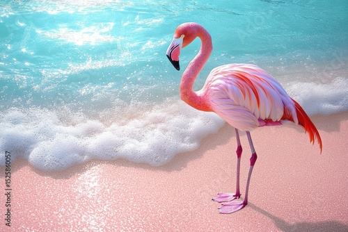 Elegant pink flamingo standing by gentle turquoise ocean waves on a sparkling sandy beach under bright daylight