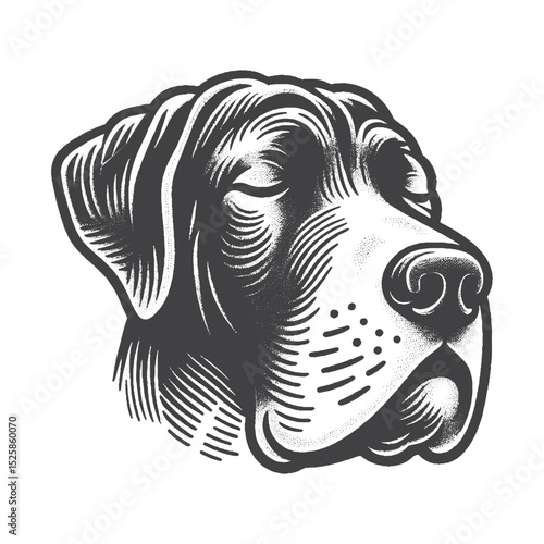 Vintage Hand-Drawn Great Dane Head with Sleepy Eyes Illustration – Calm Dog Engraved Style Vector for T-Shirts, Posters, Stickers, and Relaxation Apparel