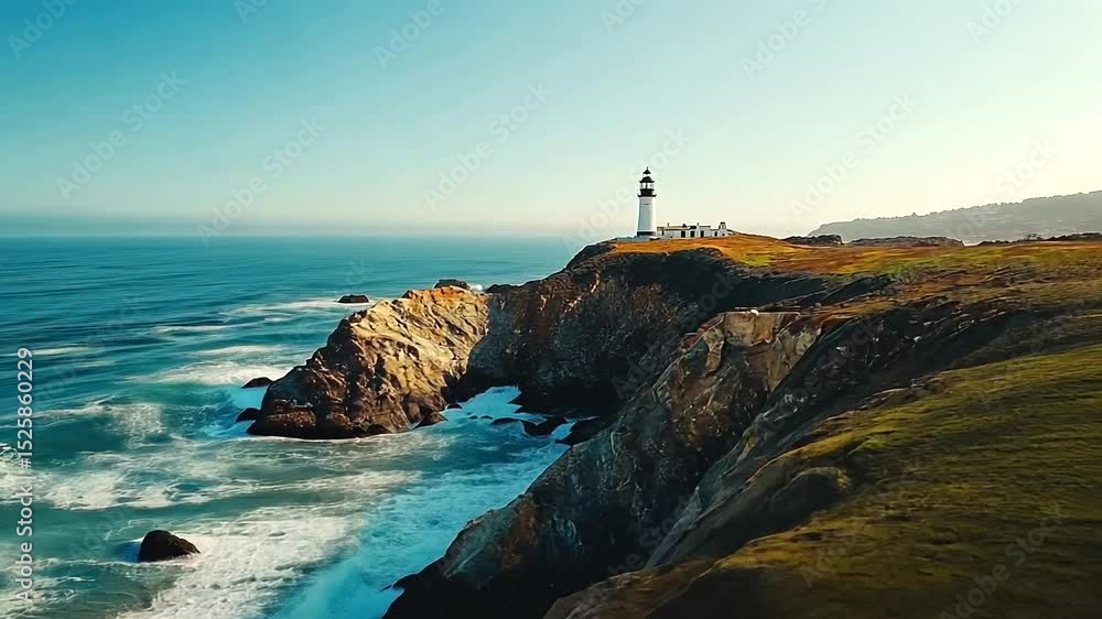 Scenic coastal view with lighthouse and waves crashing Scenic coastal view with lighthouse and waves crashing