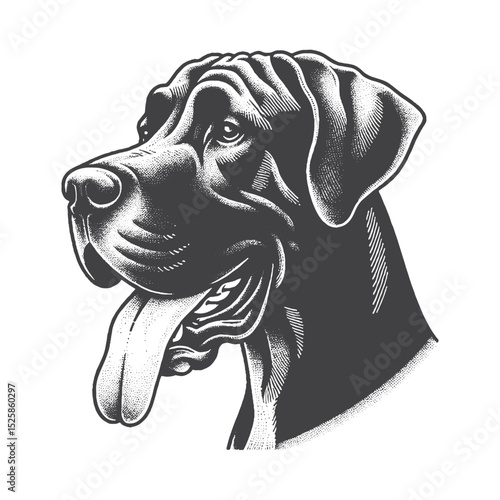Vintage Hand-Drawn Great Dane Illustration – Playful Tongue Out Engraved Style Vector for T-Shirts, Posters, Stickers, and Dog Lover Apparel