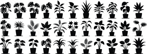 Set of indoor potted plant silhouette vector icons, perfect for gardening design, botanical home decor, foliage illustrations, eco-friendly artwork