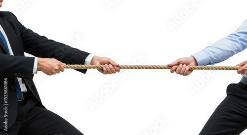 Two people pulling a rope in a tug of war against a transparent background studio shot