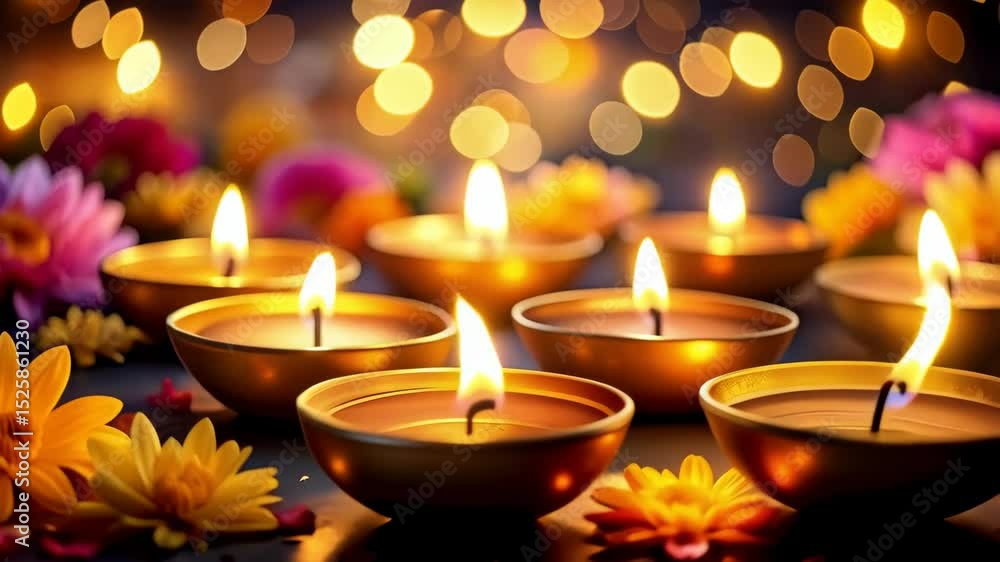 Illuminated candles in golden bowls surrounded by colorful flowers and bokeh lights, creating a warm and festive atmosphere on dark surface Illuminated candles in golden bowls surrounded by colorful flowers and bokeh lights, creating a warm and festive atmosphere on dark surface