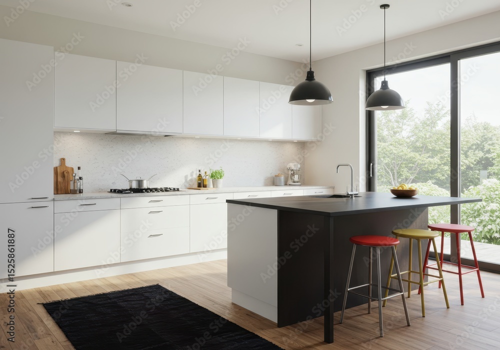 © stock.metket.com - Bright modern kitchen interior with island and colorful stools © stock.metket.com - Bright modern kitchen interior with island and colorful stools