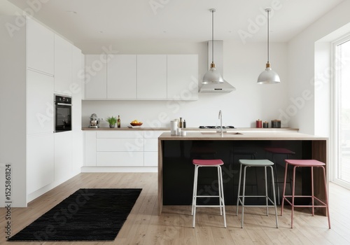 Bright modern kitchen interior with island and colorful stools