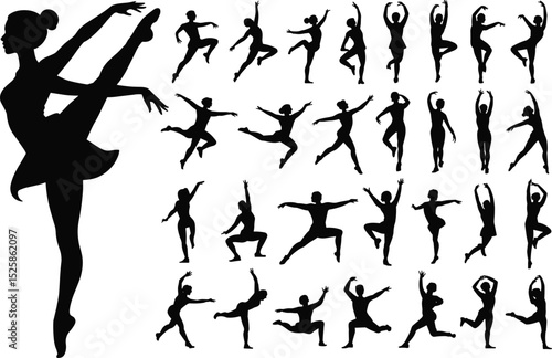 Ballet dancer silhouette, dance pose vector, elegant ballerina shapes, female movement illustration, black dance icon set, graceful dance figures