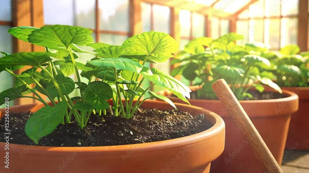 Lush green plants thriving in terracotta pots inside a sunlit greenhouse with wooden structure Lush green plants thriving in terracotta pots inside a sunlit greenhouse with wooden structure