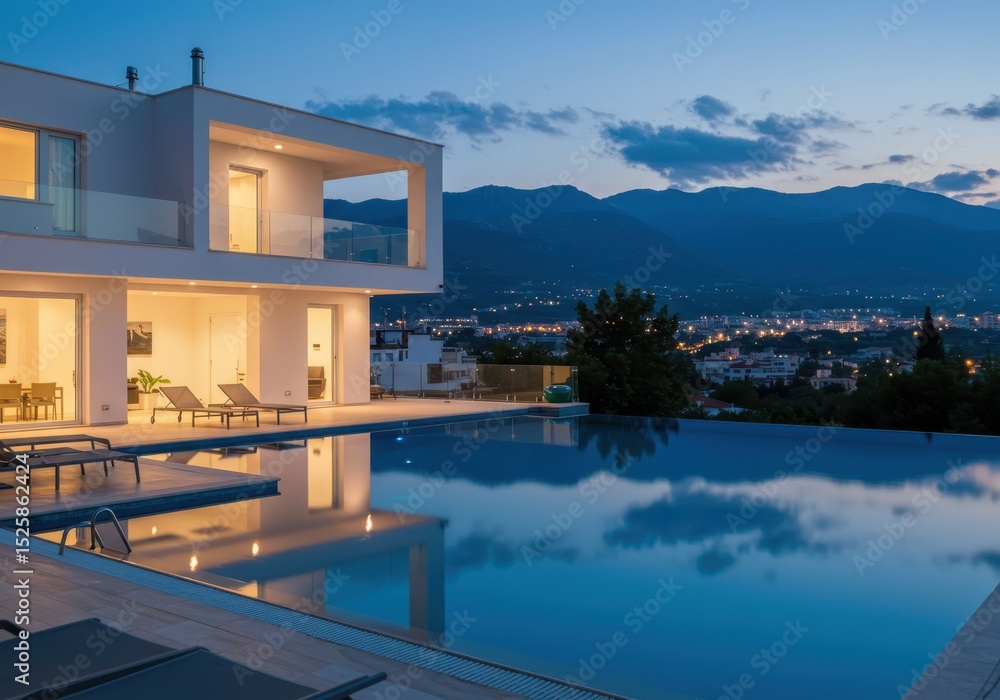 Obraz premium Modern villa with infinity pool overlooking city lights at dusk