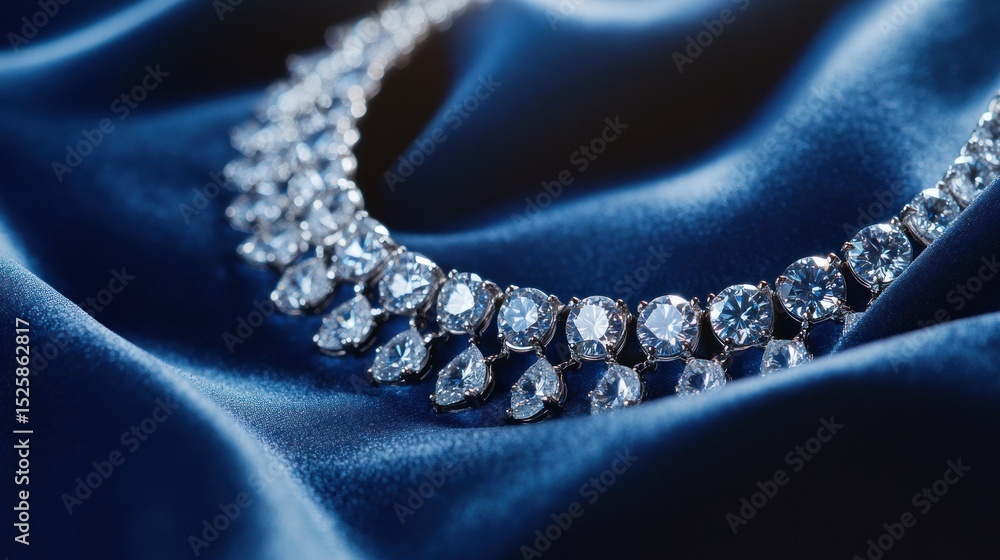 Fototapeta premium Elegant diamond necklace displayed on luxurious blue velvet fabric