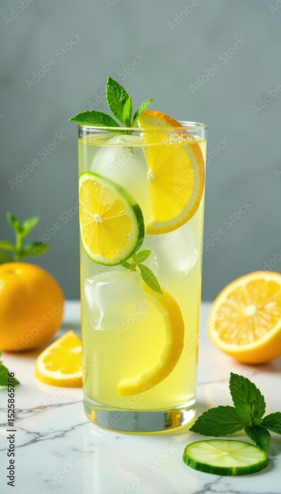 Sparkling citrus water with cucumber & mint, marble backdrop , ice, glass, healthy Sparkling citrus water with cucumber & mint, marble backdrop , ice, glass, healthy
