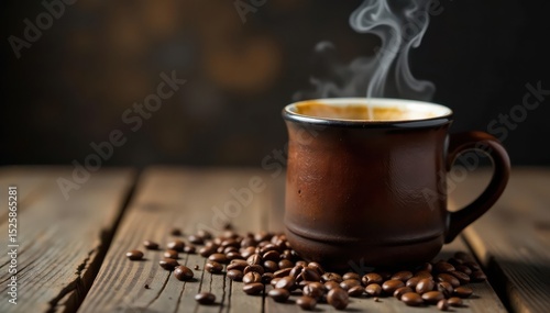 Steam rising from dark coffee in a rustic mug on weathered wood , beverage, hot