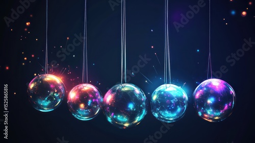 Glowing spheres collide; Newton's cradle, dark background, energy concept, website banner