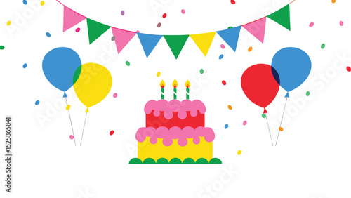 Illustration of a birthday cake with candles, balloons, confetti, and a colorful pennant banner above it