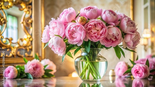 Fototapeta Naklejka Na Ścianę i Meble -  Elegant pink peonies bouquet in a glass vase with lush green foliage and soft light