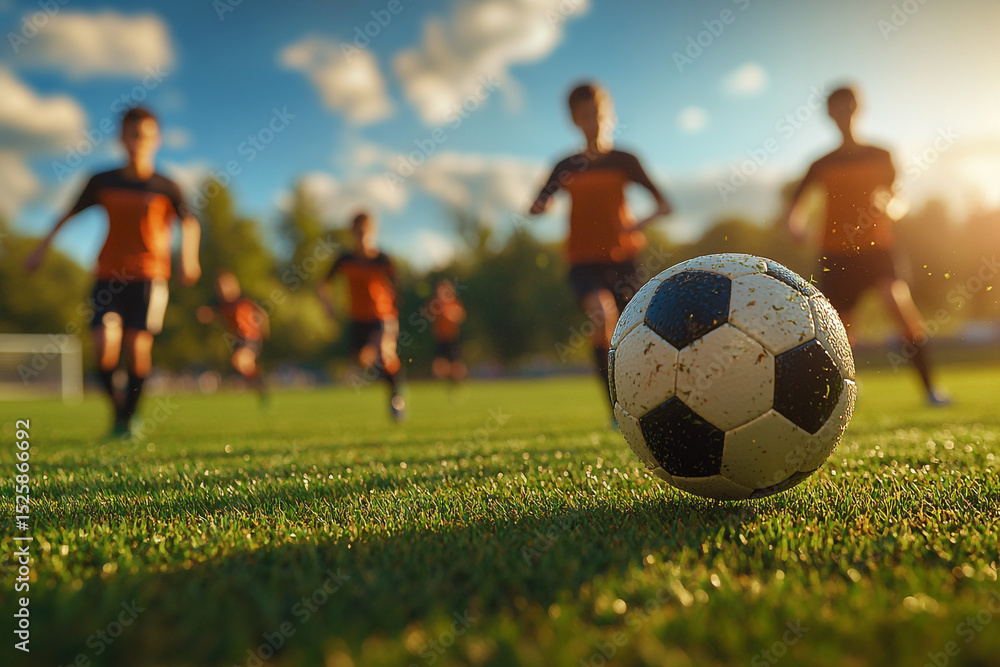 A vibrant football training scene where a group of young soccer players chase after a ball on a lush green field. The scene is captured in the warm afternoon light, A vibrant football training scene where a group of young soccer players chase after a ball on a lush green field. The scene is captured in the warm afternoon light,
