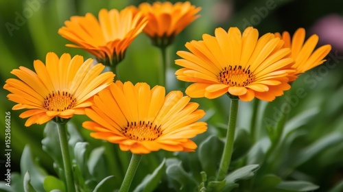 Orange osteospermum flowers bloom in garden, green background, nature photography