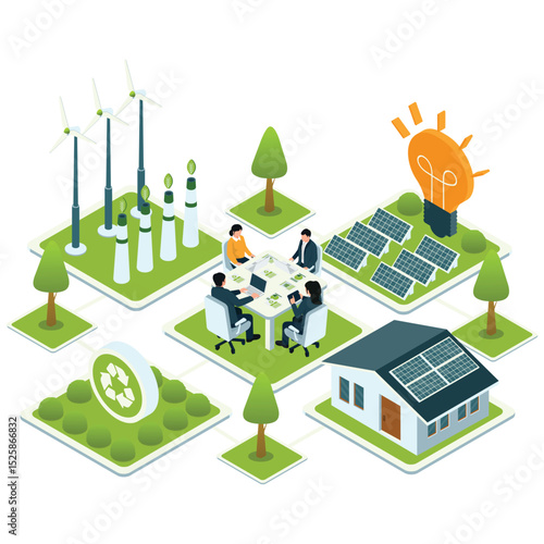 Sustainable Business Illustation. Vector illustration of Isometric concept of people discussing sustainable energy solutions with wind turbines and solar panels. Isolated on background