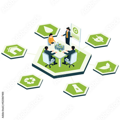 Sustainable Business Illustation. Vector illustration of Professionals presenting green business models surrounded by sustainability icons. Isolated on background