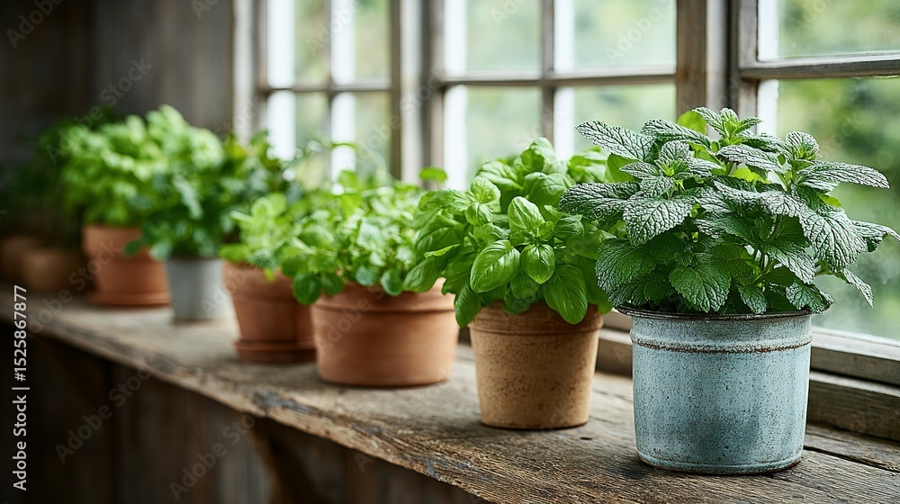 Fresh herbs in terracotta and gray pots on a wooden shelf. Fresh herbs in terracotta and gray pots on a wooden shelf.