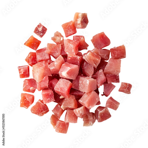 Pile of diced ham cubes isolated on transparent background