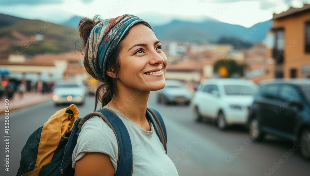 Happy woman backpacker gazing city street, travel Happy woman backpacker gazing city street, travel