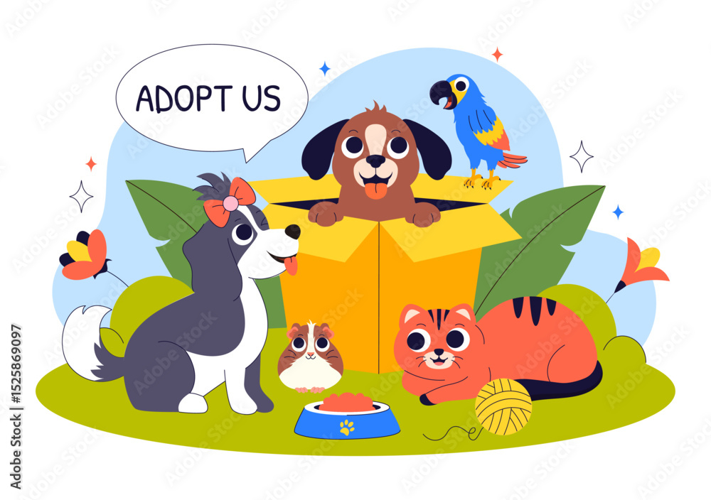 Obraz premium Animal Adoption Agency Vector Illustration Featuring Pet Adoption from a Shelter with Cats and Dogs in a Flat Style Cartoon Background